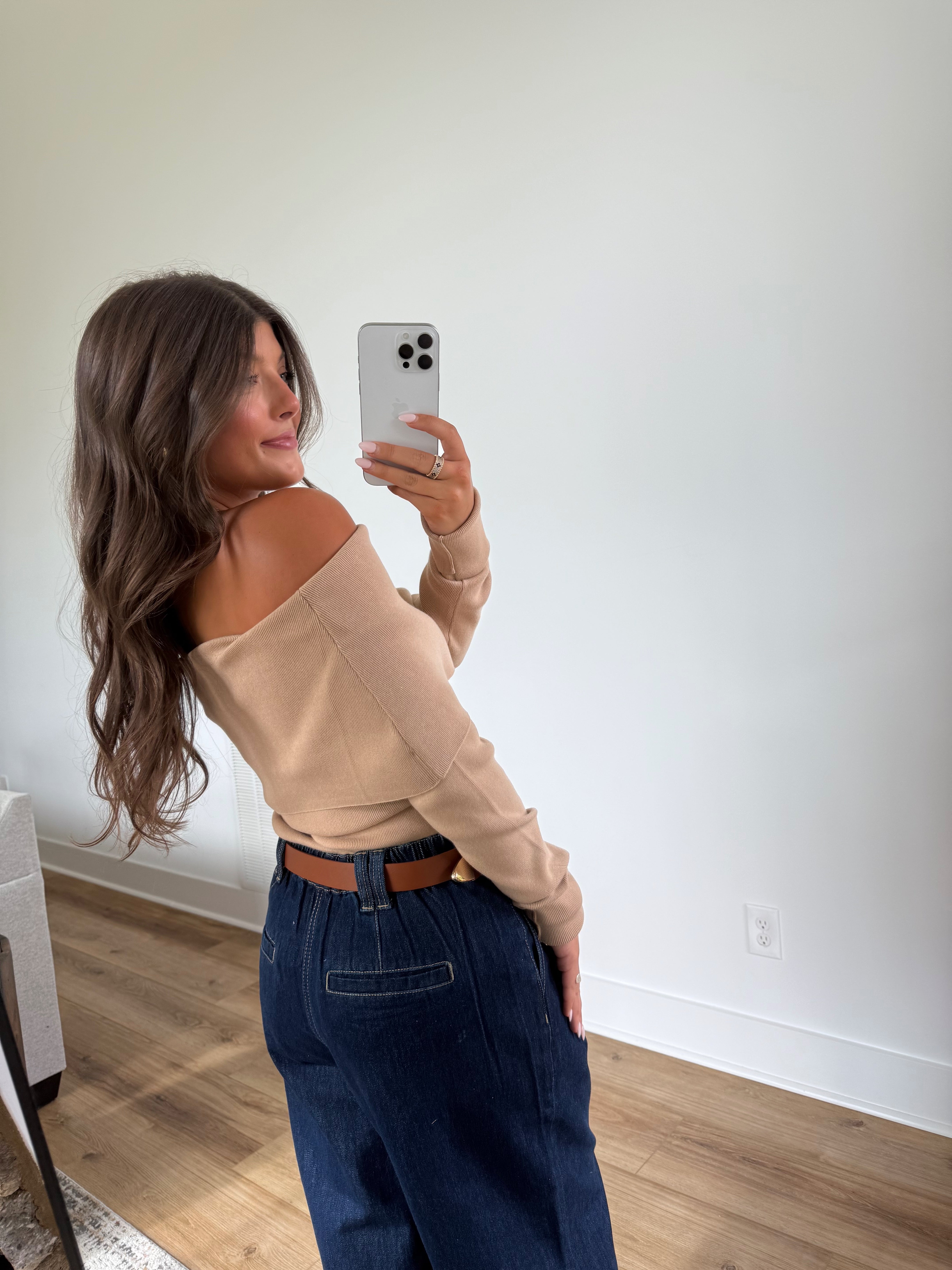 Foldover Off-Shoulder Knit (Tan)
