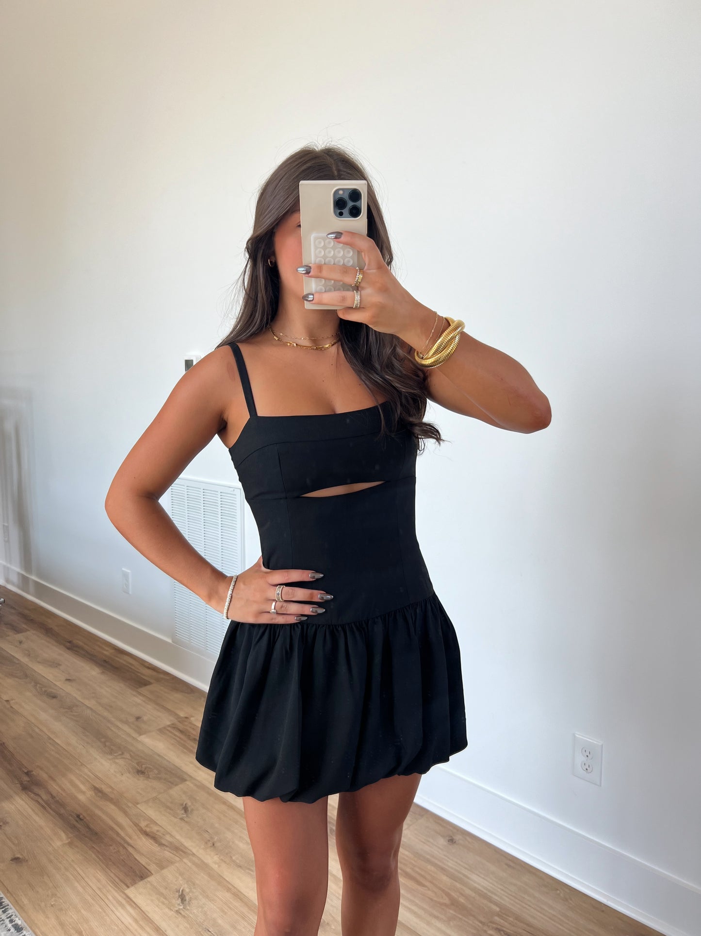 Black Bubble Front Cut Out Mini Dress