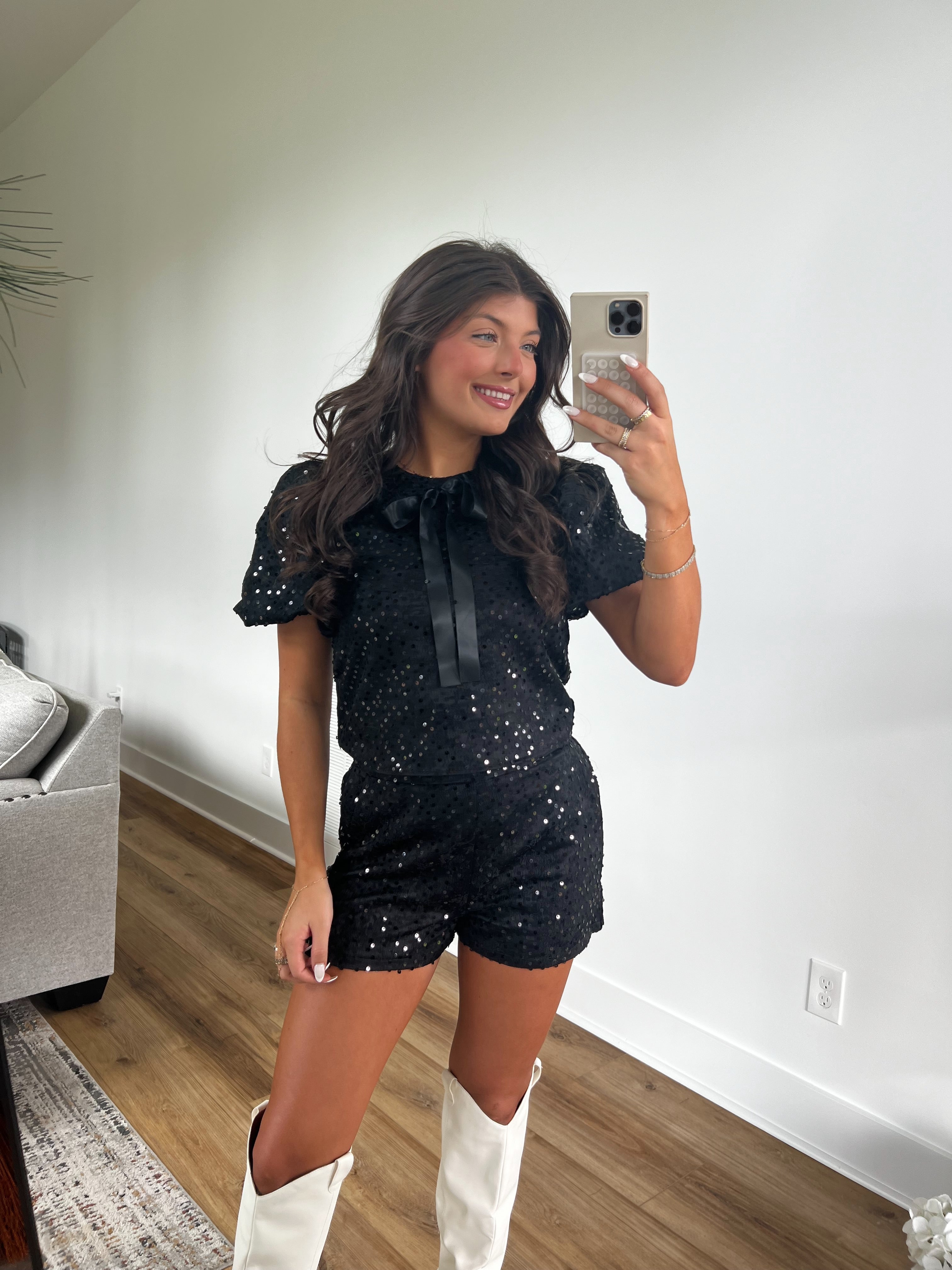 Santa Girl Sequin Shorts Set