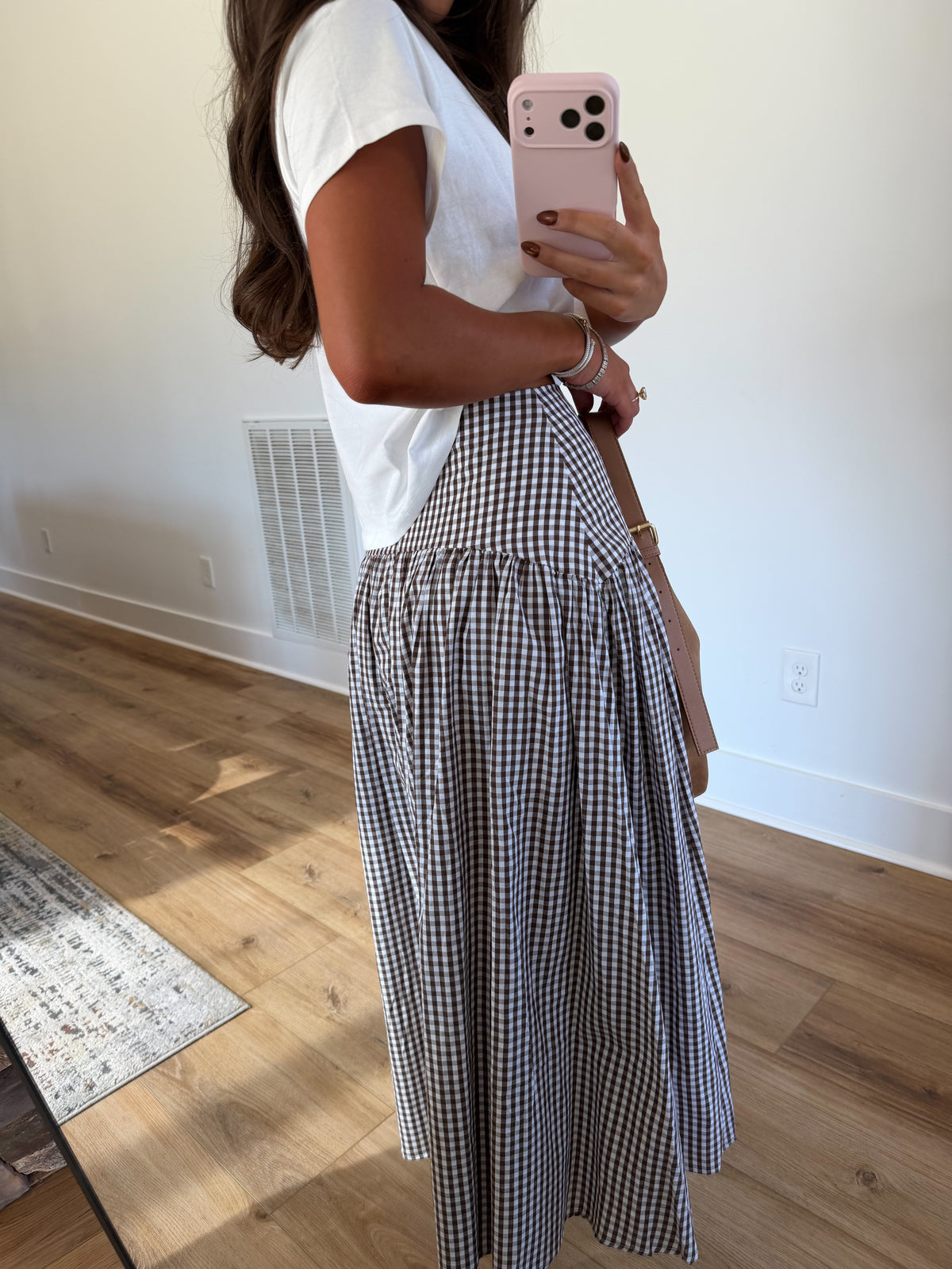 Brown Gingham Midi Skirt