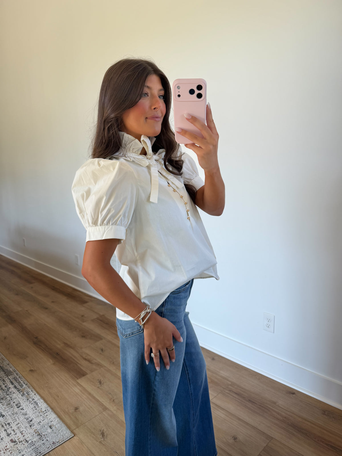 Ruffle Tie Neck Blouse (Cream)