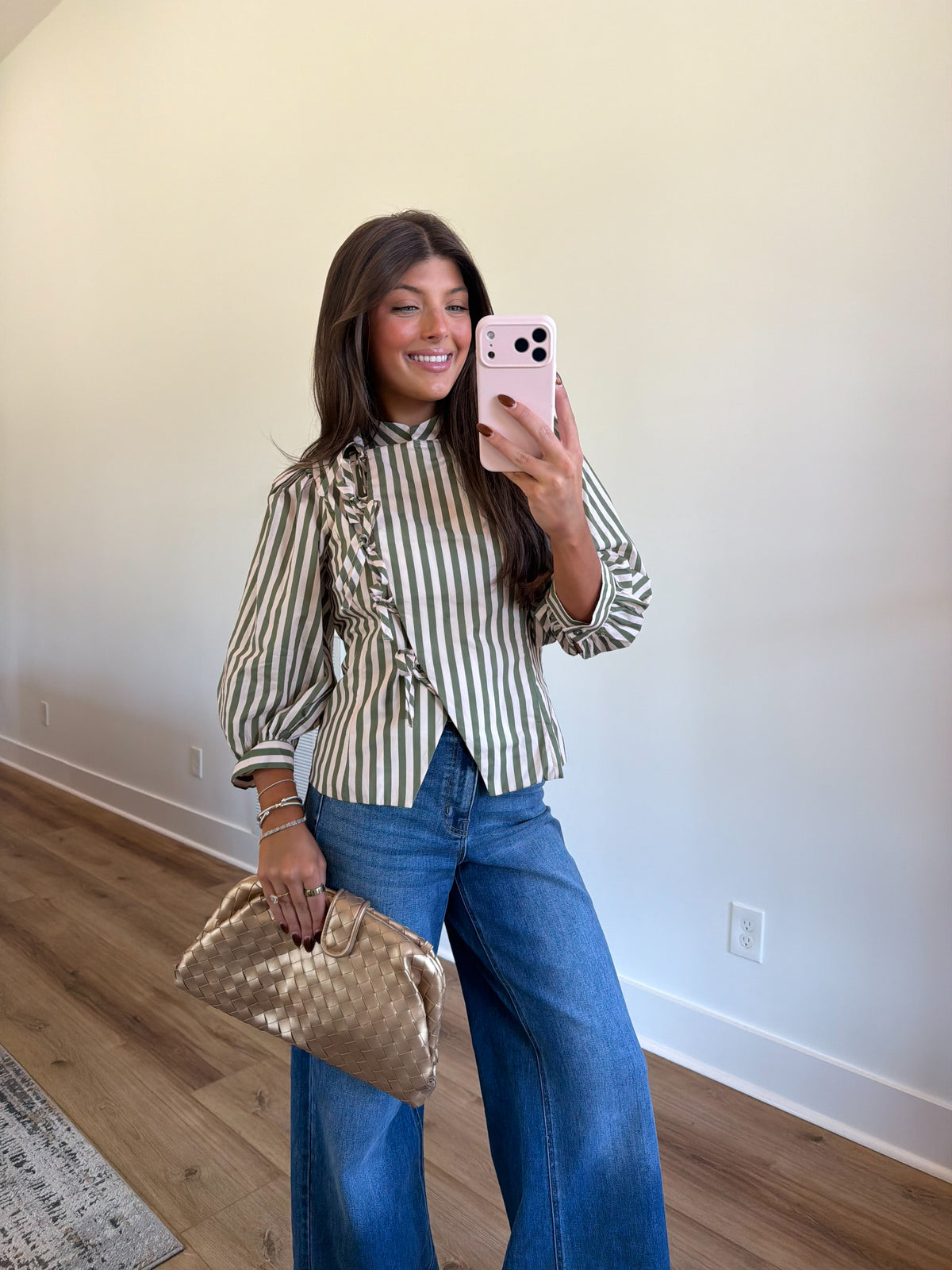 Striped Bow Front Blouse (Olive/Ecru)