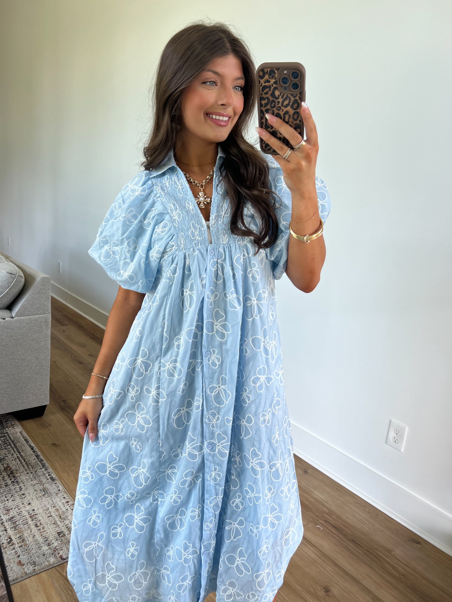 Blue Floral Puff Sleeve Midi Dress