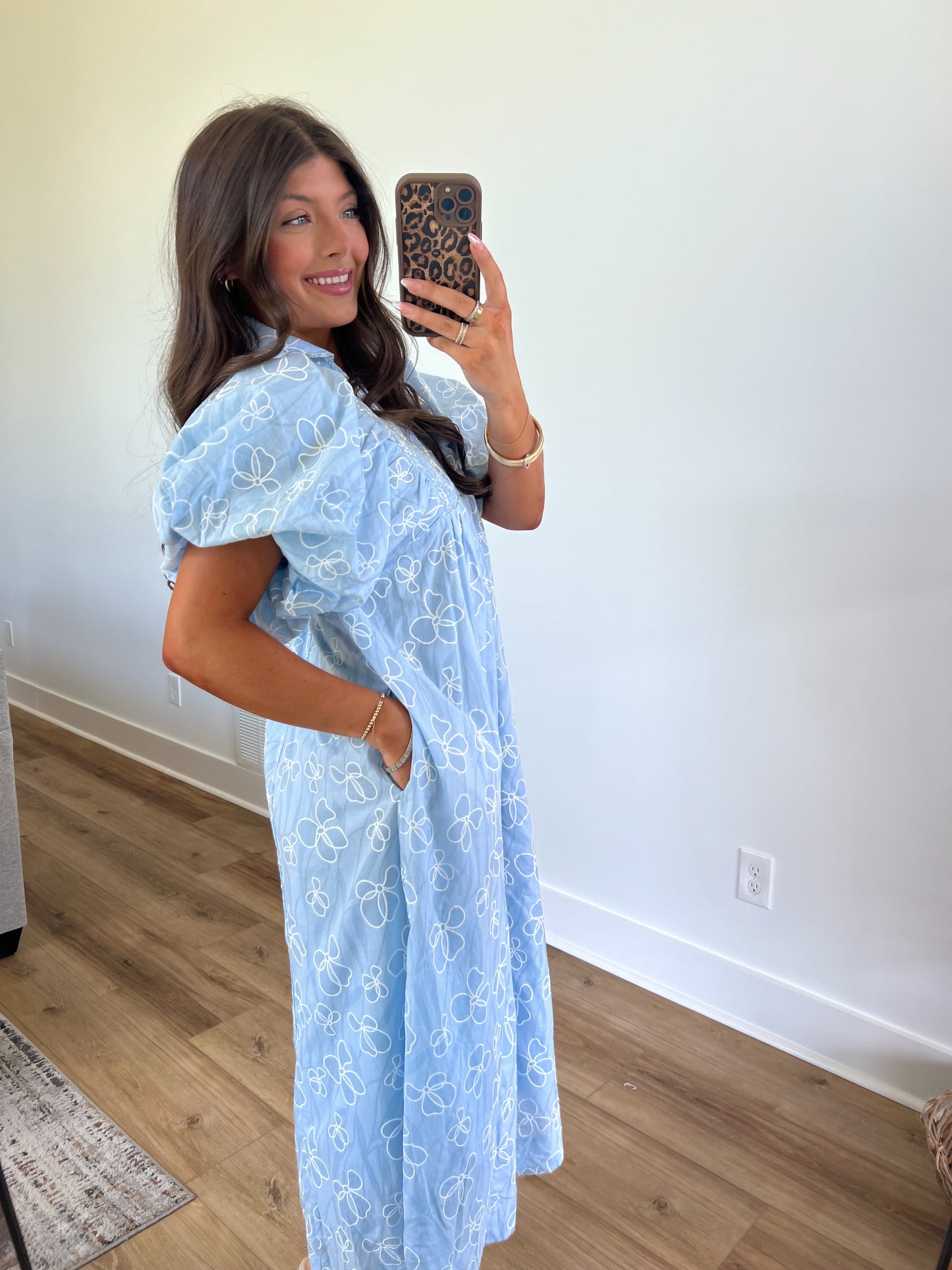 Blue Floral Puff Sleeve Midi Dress