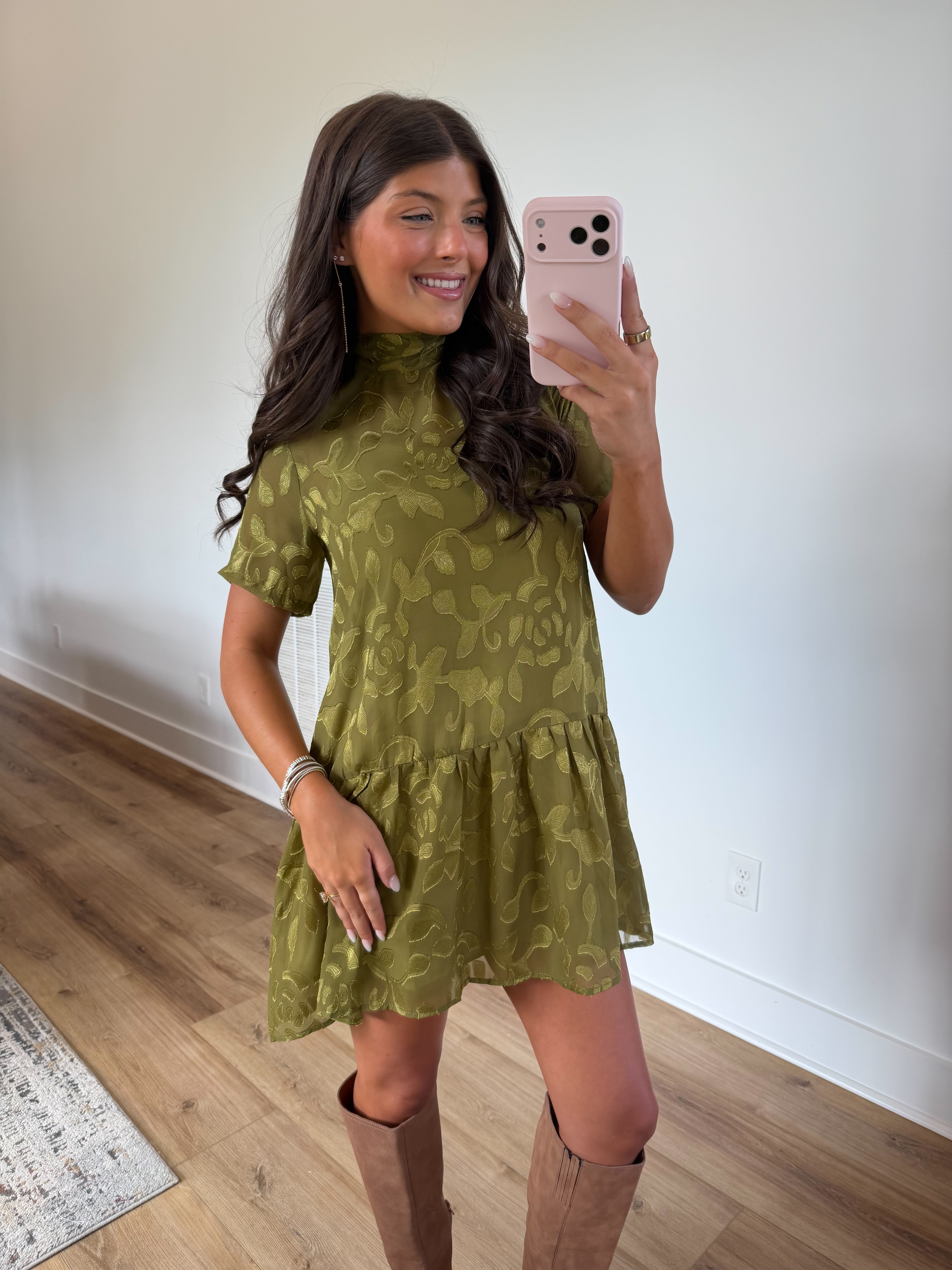 Olive Floral Jacquard Mini Dress