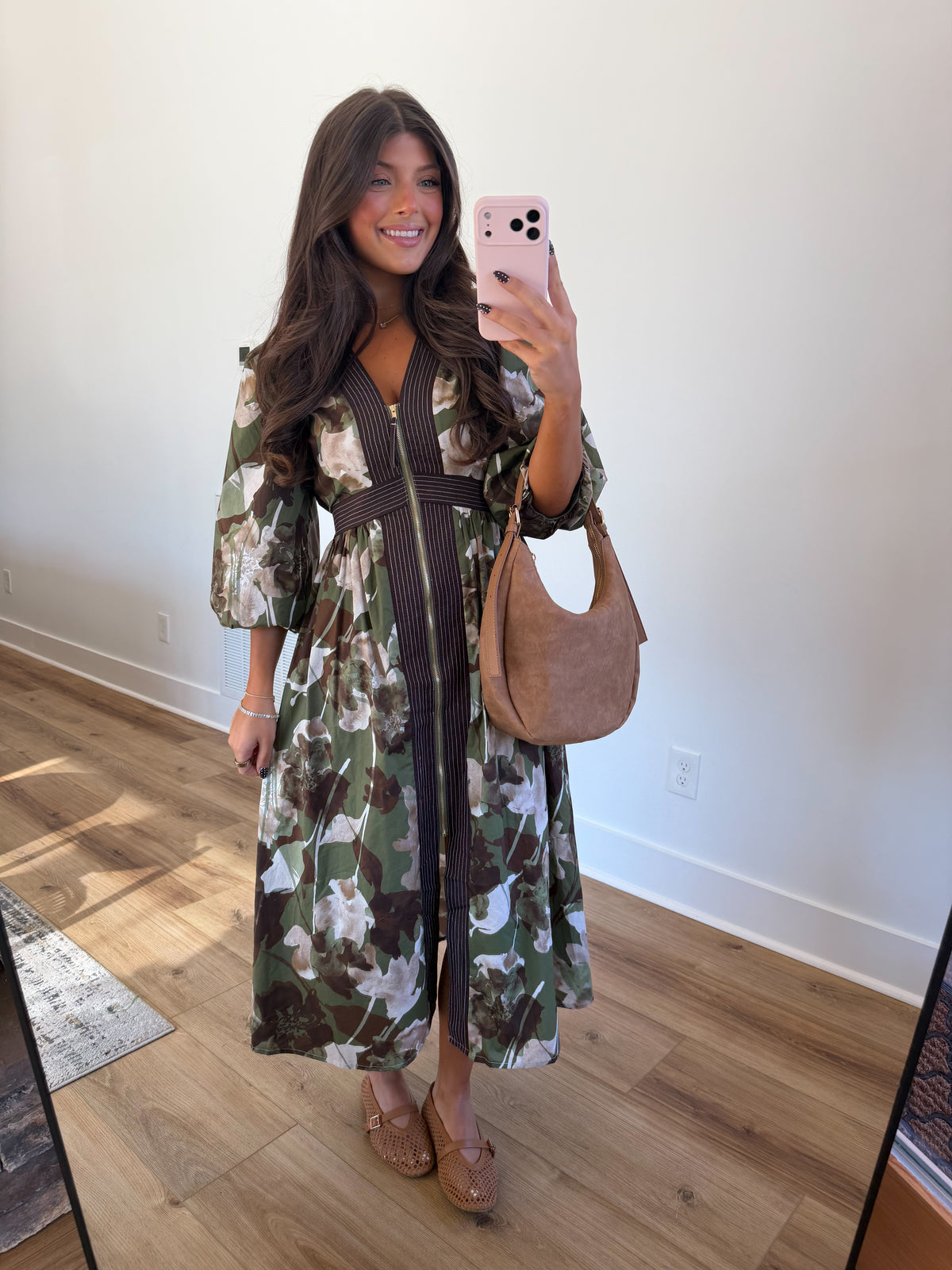 Autumn Bloom Zip Midi Dress (Green)