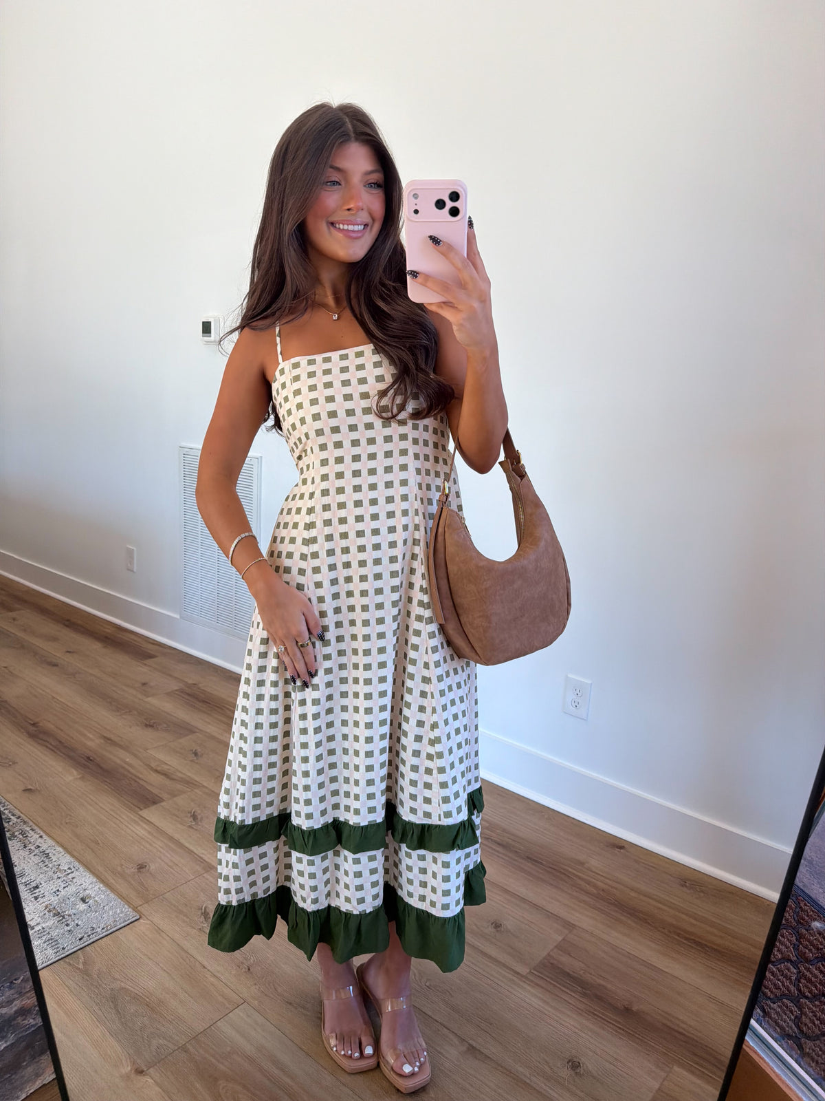 Pink & Green Gingham Midi Dress