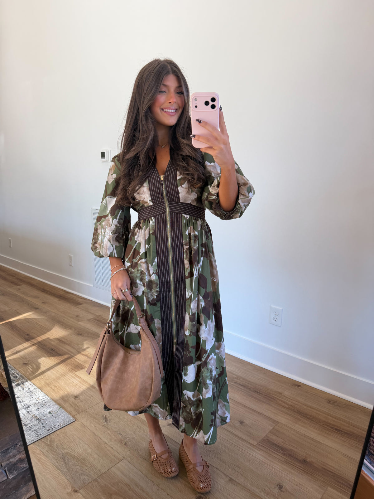 Autumn Bloom Zip Midi Dress (Green)