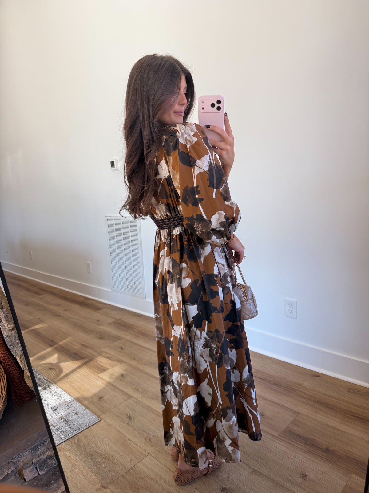 Autumn Bloom Zip Midi Dress (Caramel)