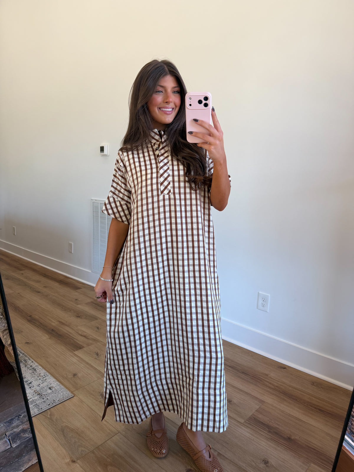 Southern Charm Gingham Midi Dress (Brown)