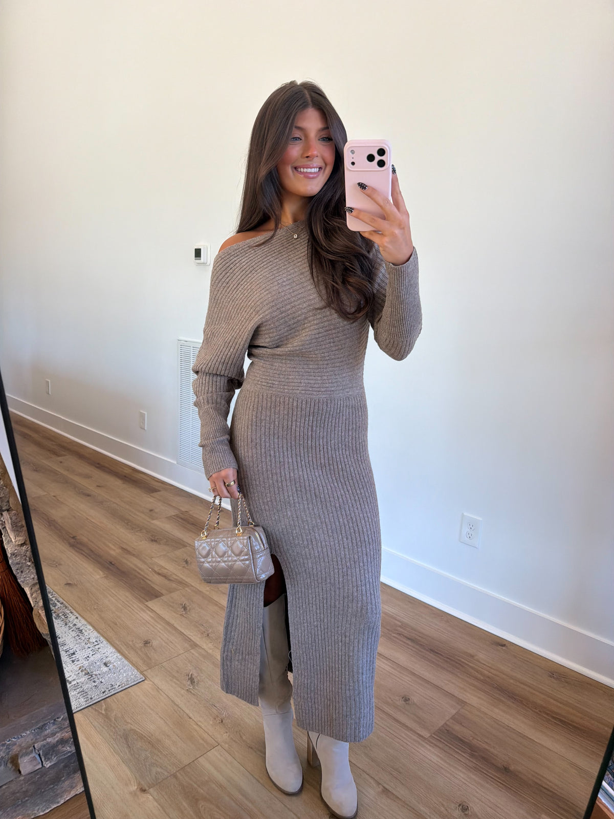 Taupe Ribbed Sweater Maxi Dress