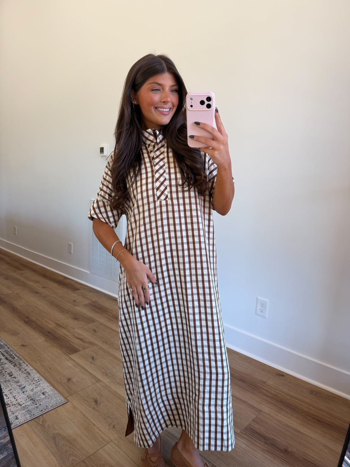 Southern Charm Gingham Midi Dress (Brown)
