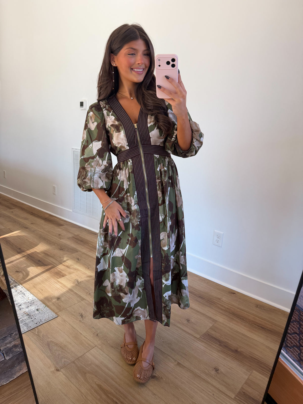 Autumn Bloom Zip Midi Dress (Green)