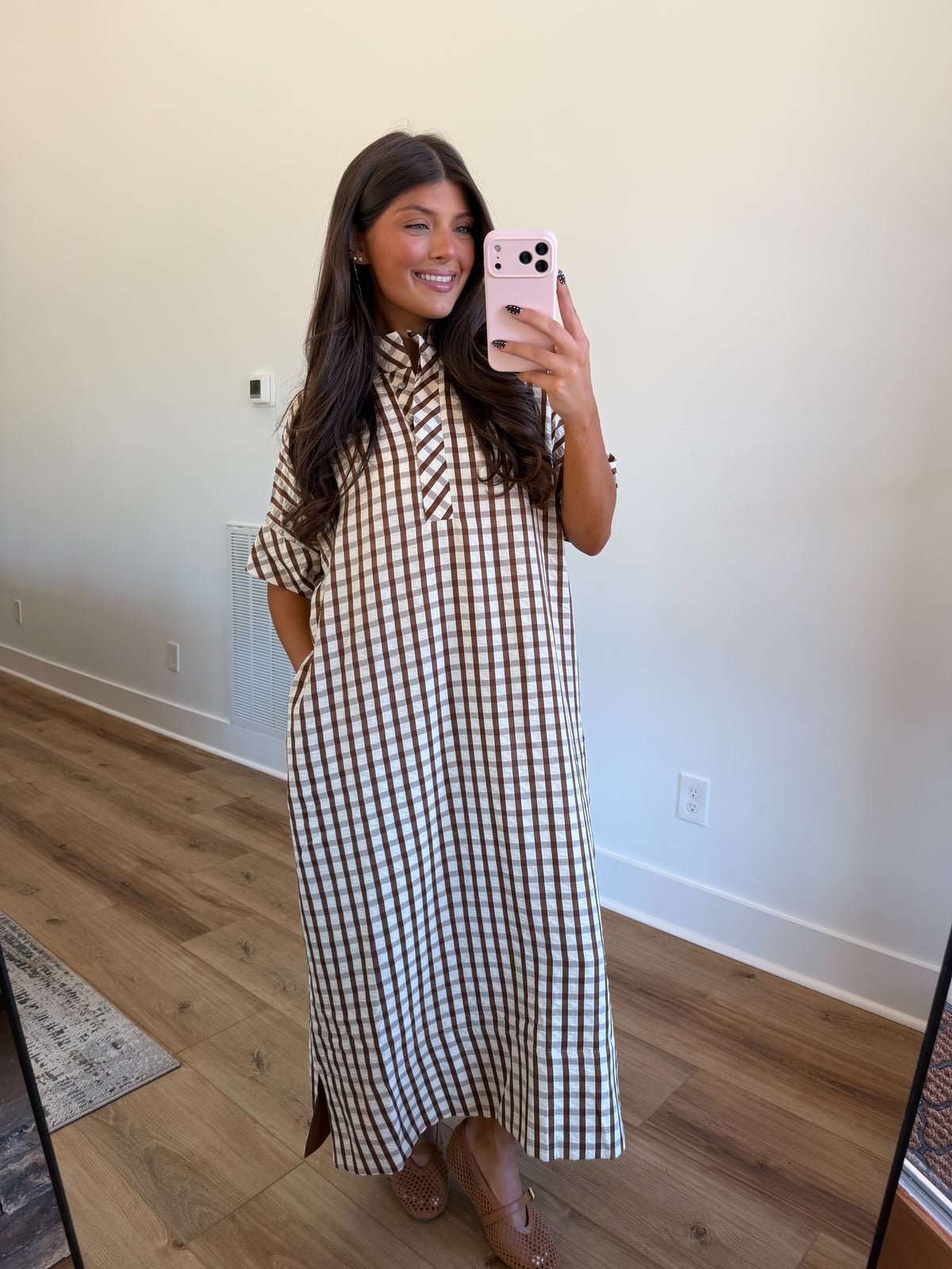 Southern Charm Gingham Midi Dress (Brown)