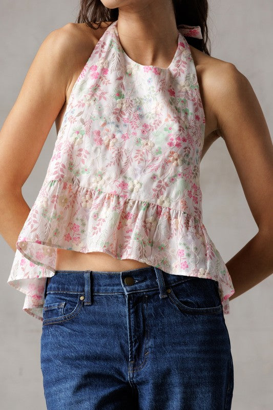 (Pink) Watercolor Bloom Halter Top
