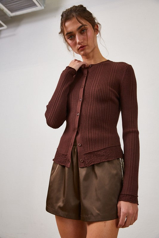 Brown Lace Trim Cardigan