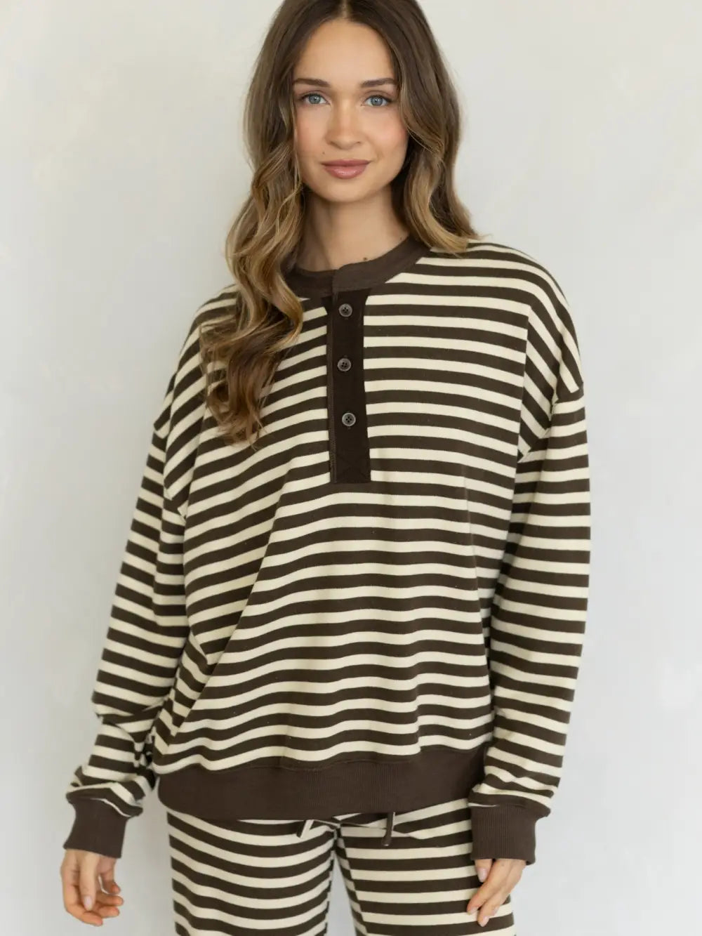 Stripe Henley Set (Mocha/Cream)