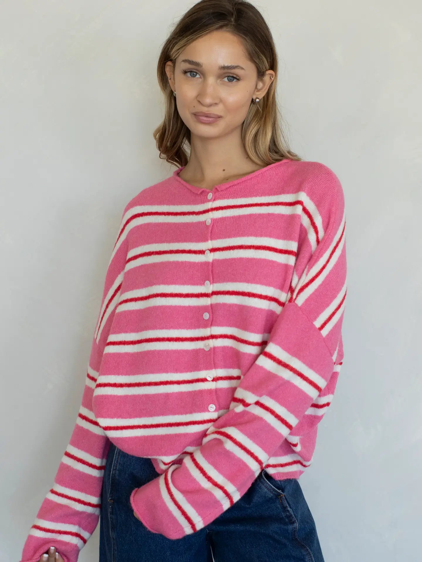 The Stripe Cardigan (Pink/Red/White)