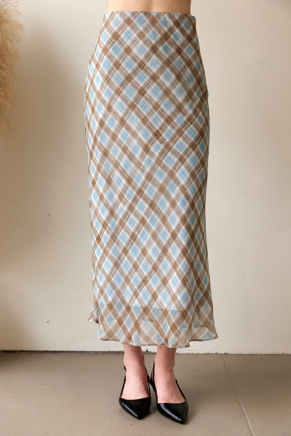 Blue Seams Plaid Midi Skirt