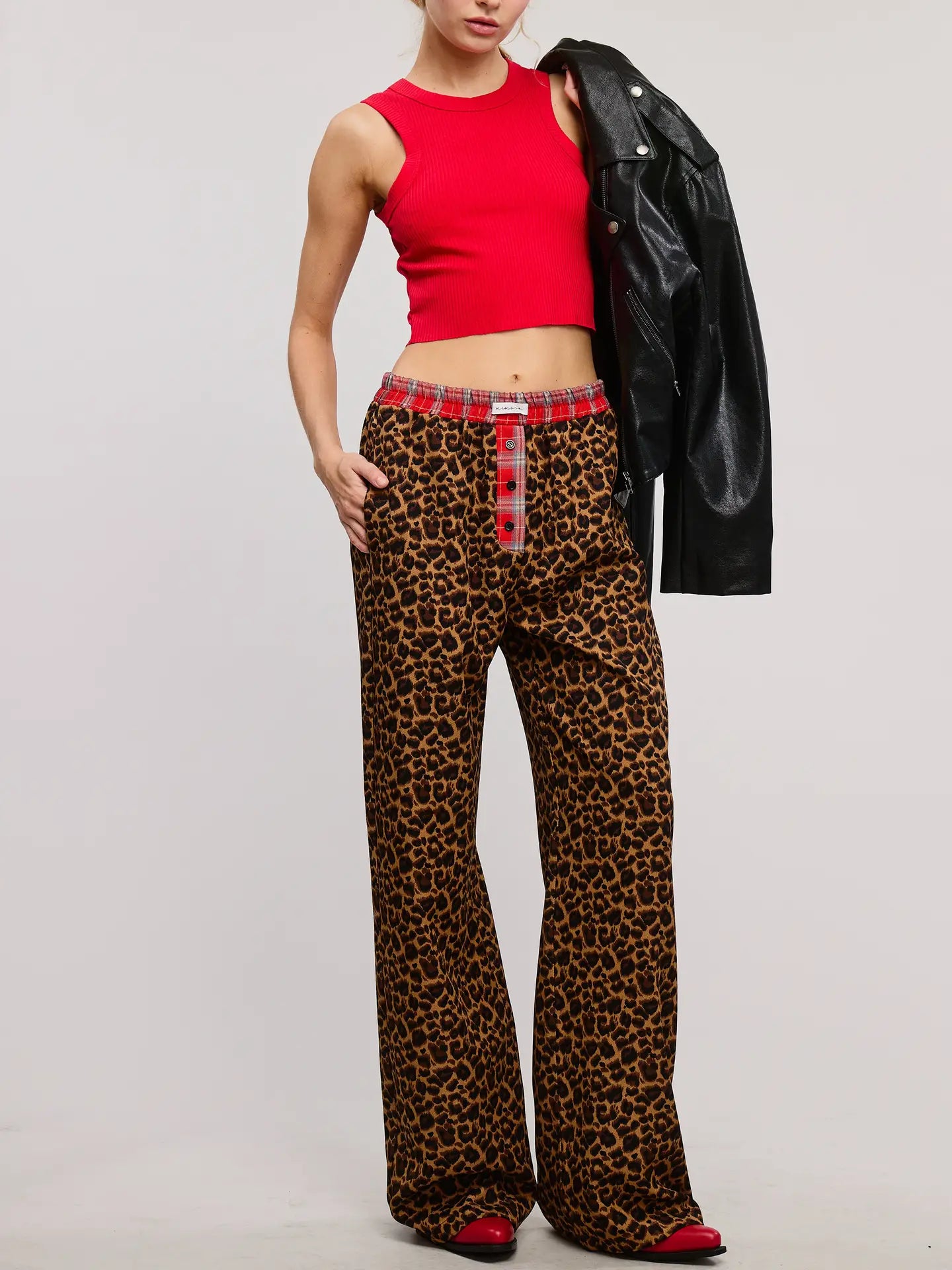 Plaid Flannel Contrast Waistband Leopard Pants