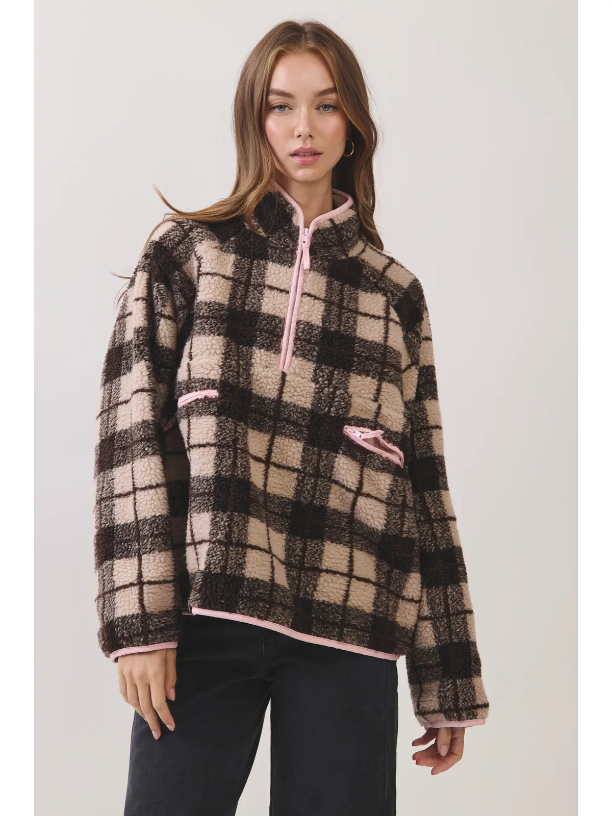 Pink Trim Plaid Fleece Pullover