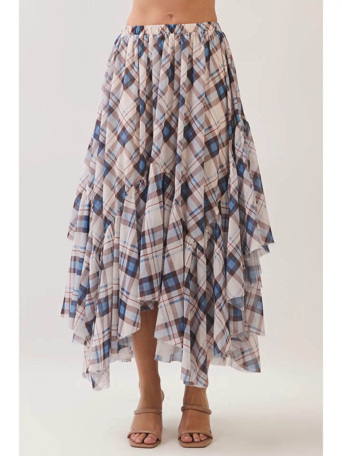 Blue & Brown Plaid Ruffle Maxi Skirt