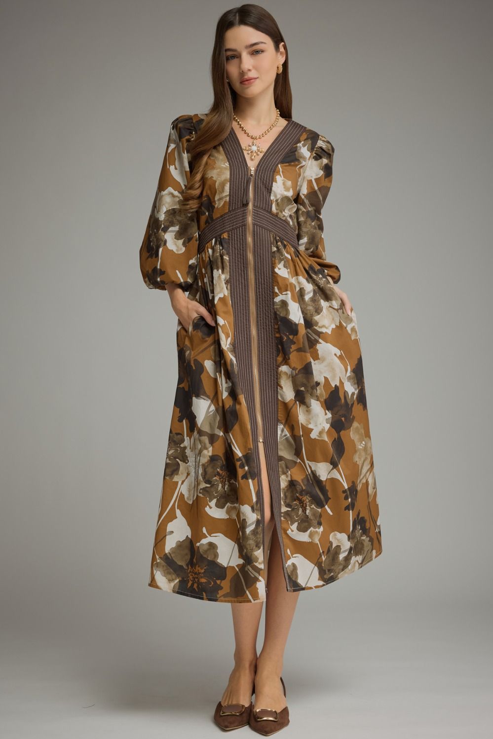 Autumn Bloom Zip Midi Dress (Caramel)