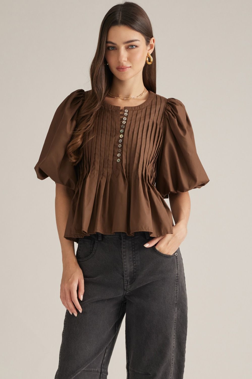 Brown Pleated Puff Sleeve Blouse (PRE-ORDER (1st week of October)/ Restock)