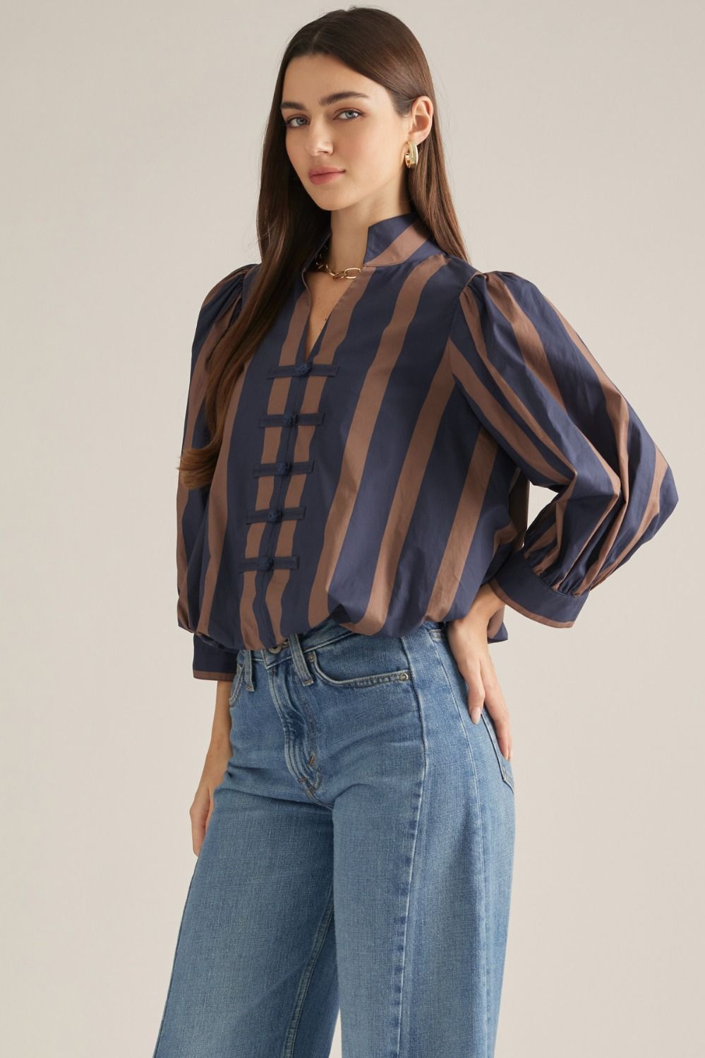Navy & Brown Stripe Puff Sleeve Blouse