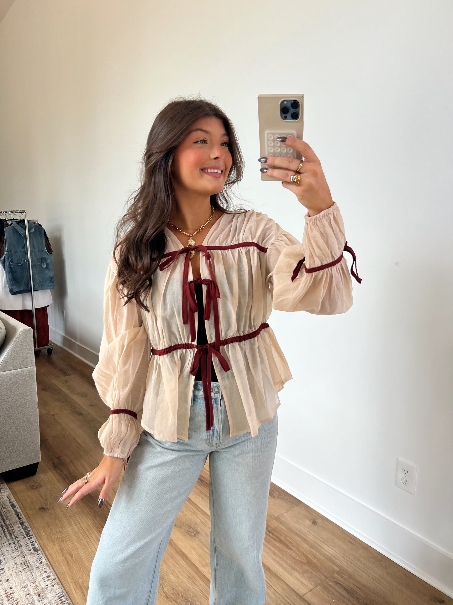 Front Tie Blouse (Cream/Maroon)