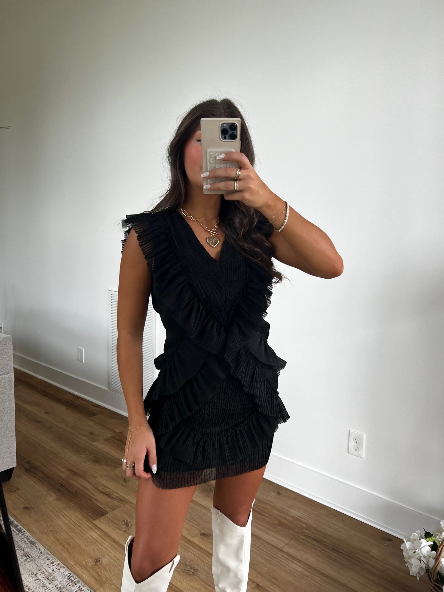 Black Ruffle Back Cut-Out Mini Dress