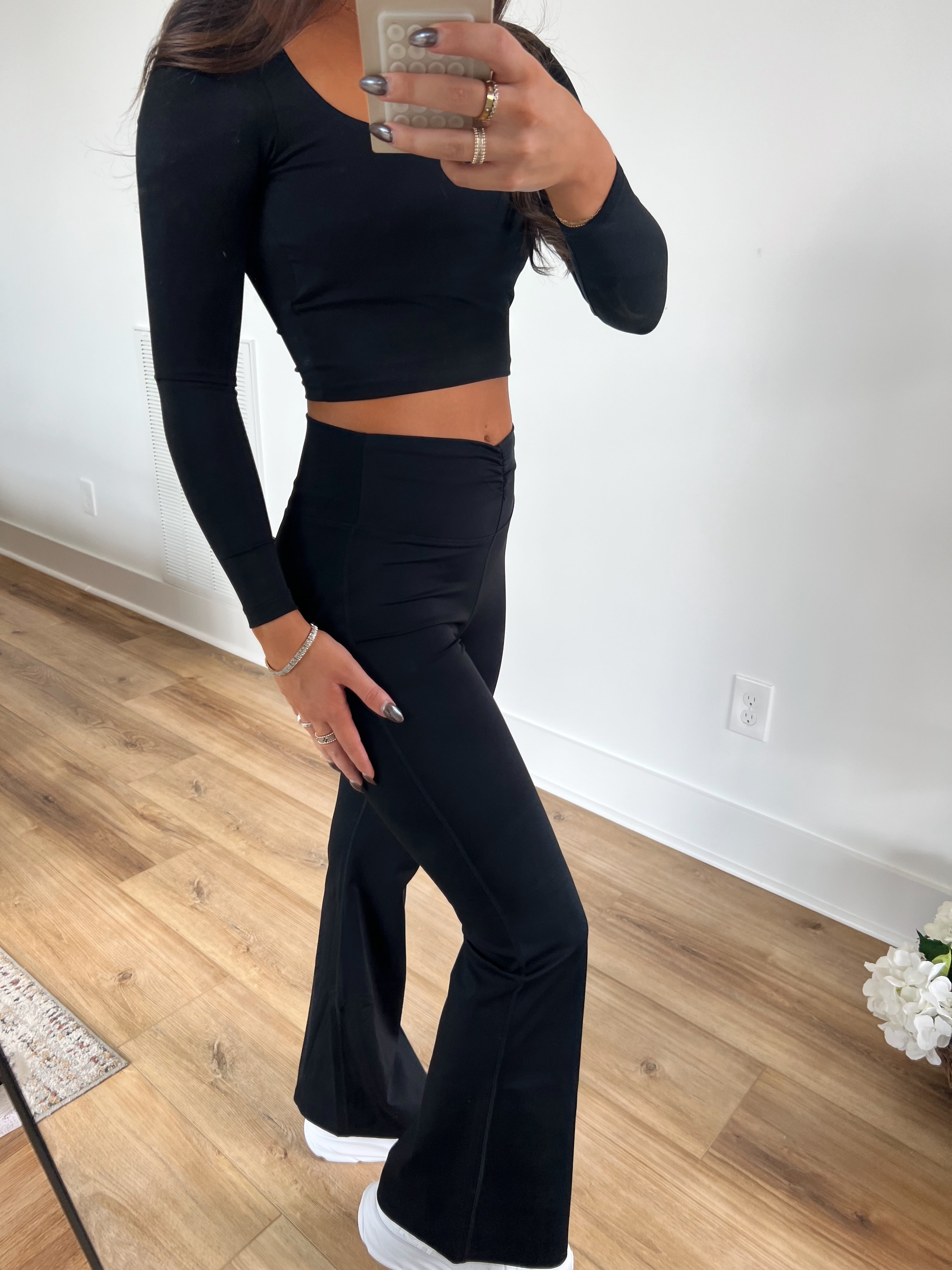 Black Ruched Waist Flare Leggings