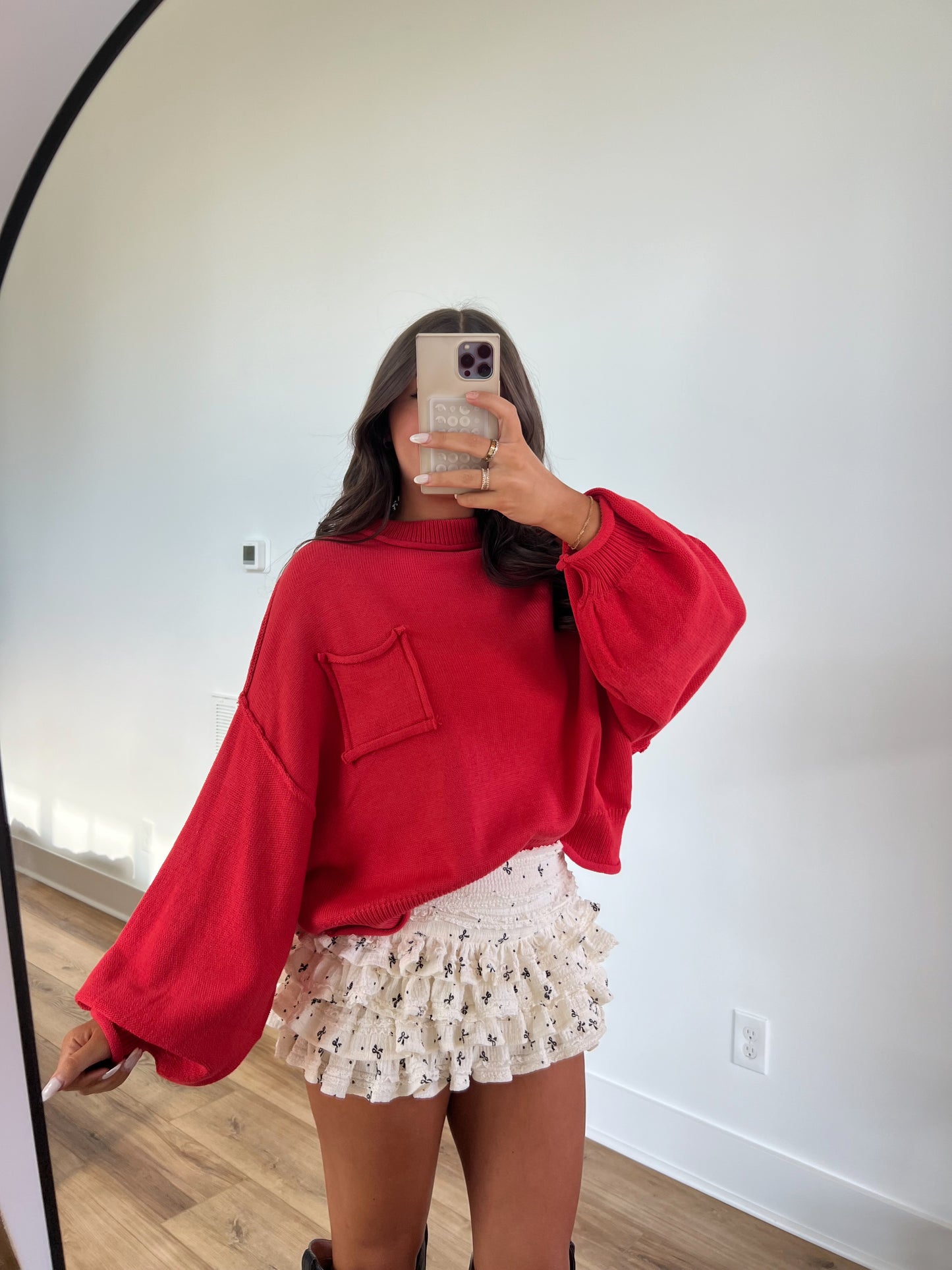 Red Cozy Balloon Sleeve Sweater