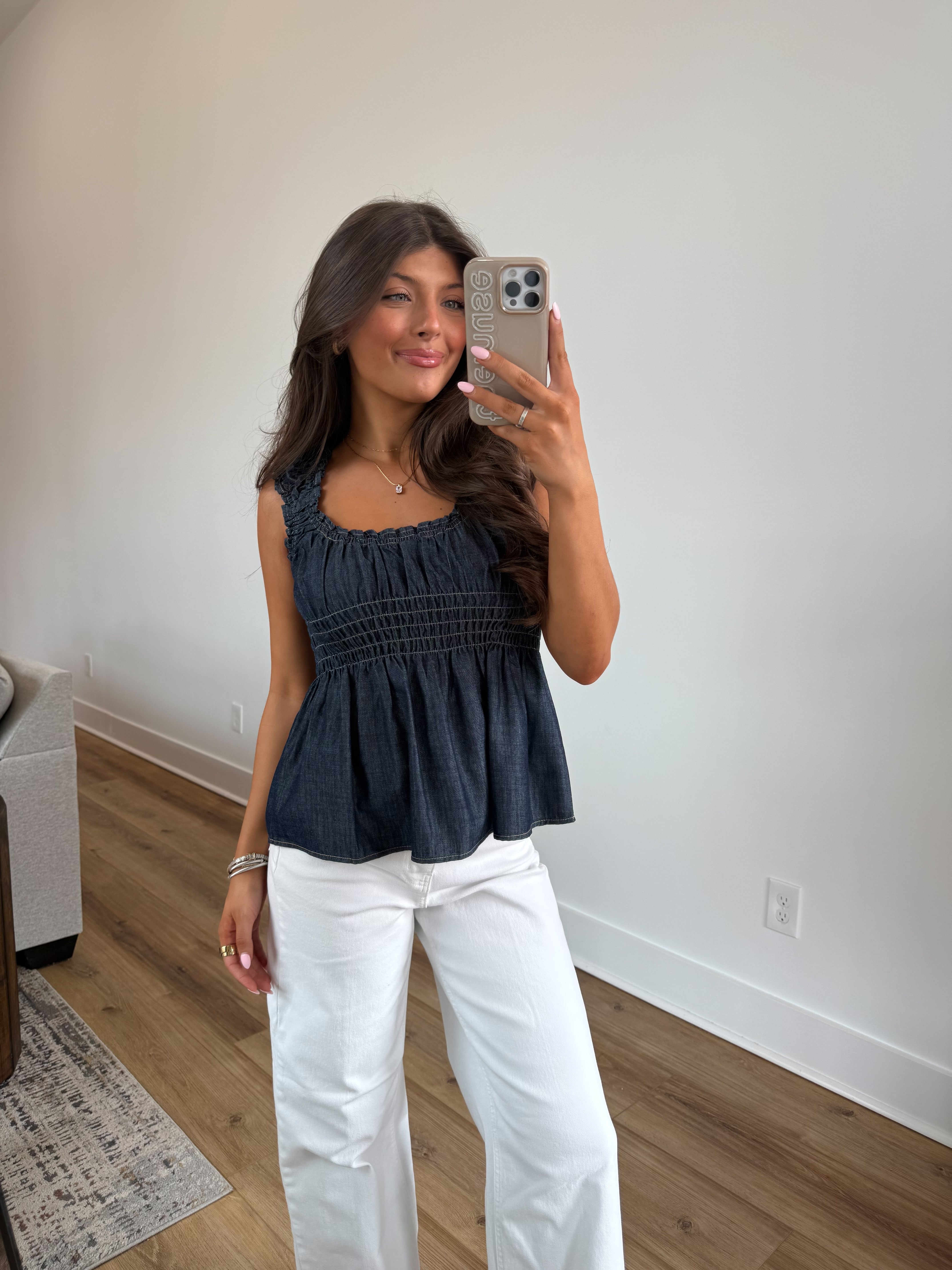 Denim Smocked Peplum Top
