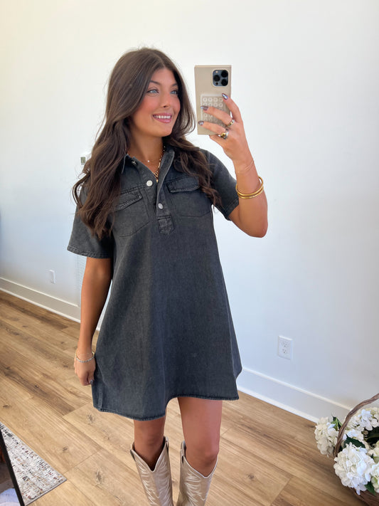 Black Double Pocket Denim Dress