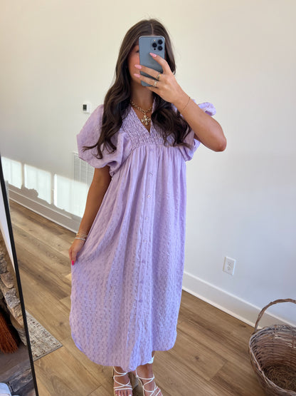 Lavender Puff Sleeve Midi Dress