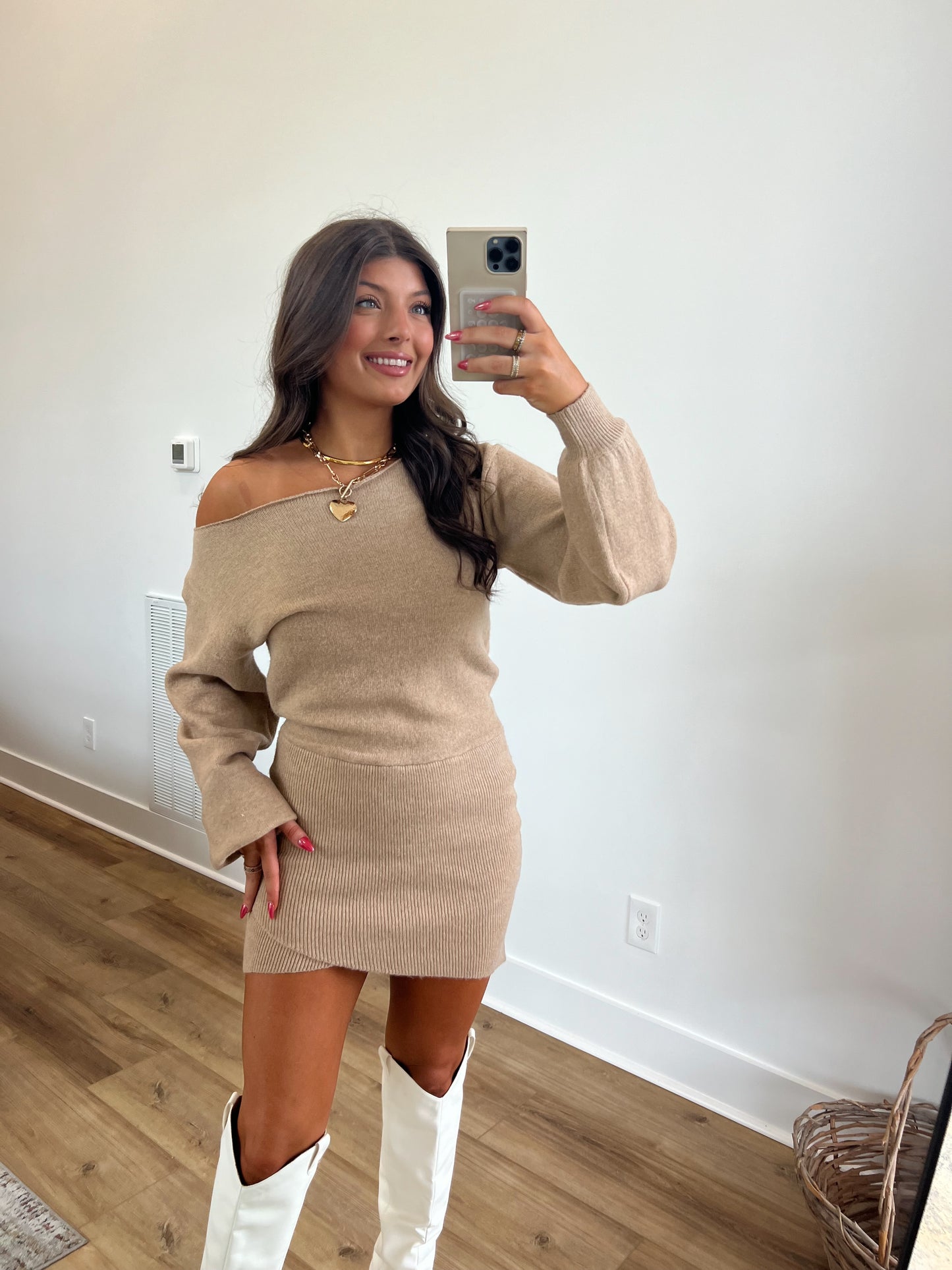 Tan Boat Neck Sweater Dress