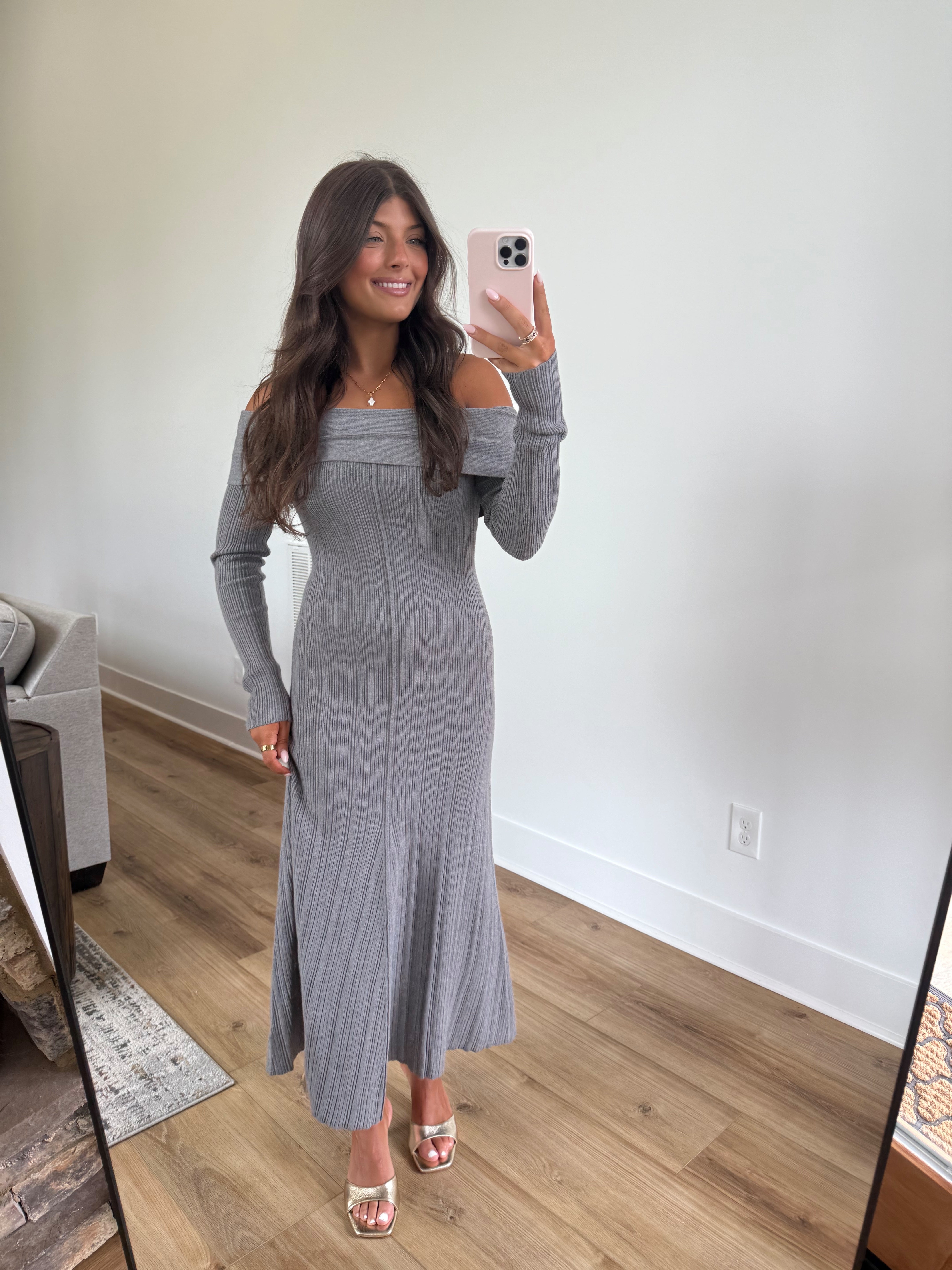 Grey Off-The-Shoulder Ribbed Maxi Dress