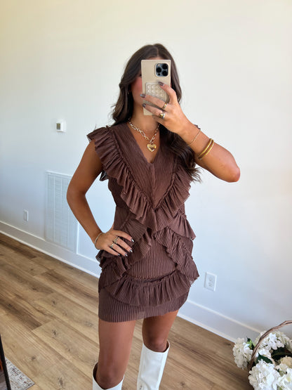 Brown Ruffle Back Cut-Out Mini Dress (Restock)