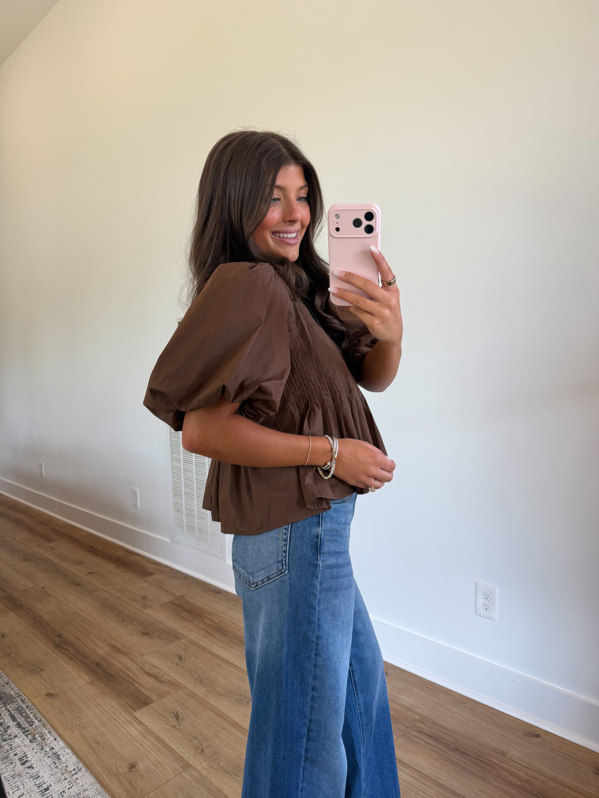 Brown Pleated Puff Sleeve Blouse (PRE-ORDER (1st week of October)/ Restock)