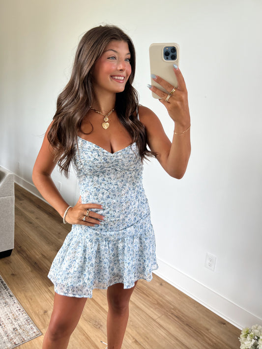 Blue Fitted Floral Mini Dress