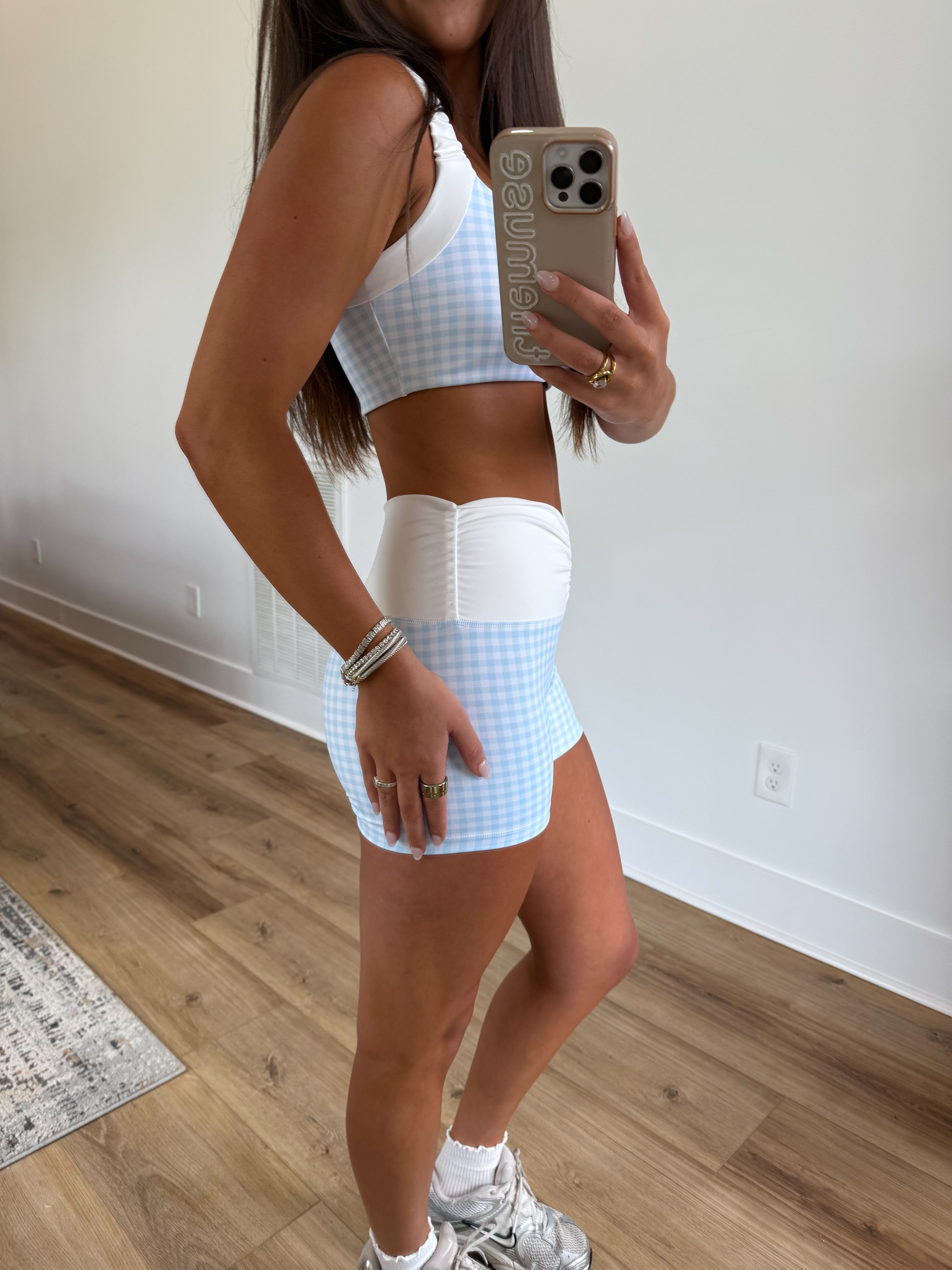 Blue Gingham Ruched Biker SHORTS