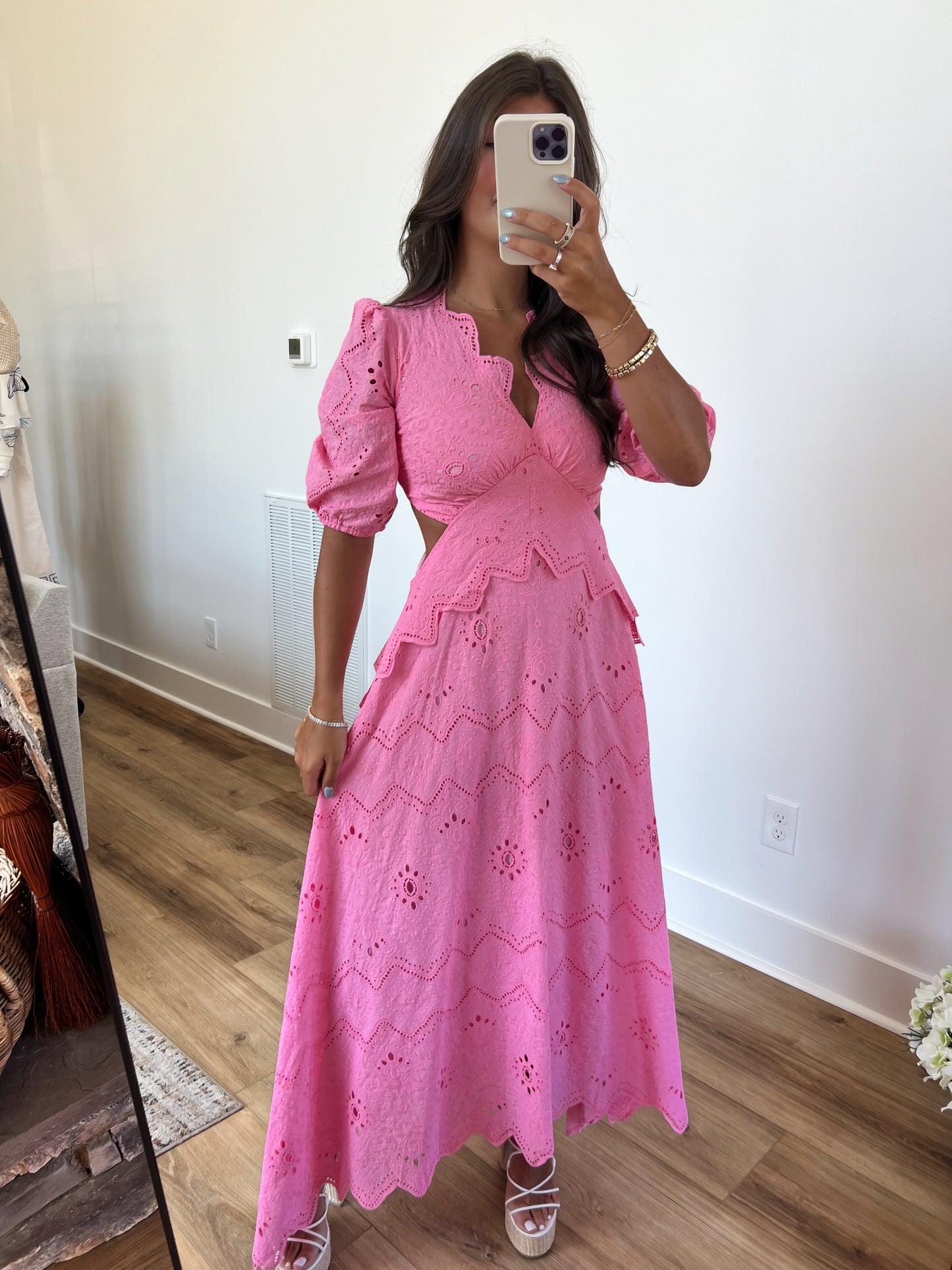 Pink Eyelet Puff Sleeve Maxi Dress