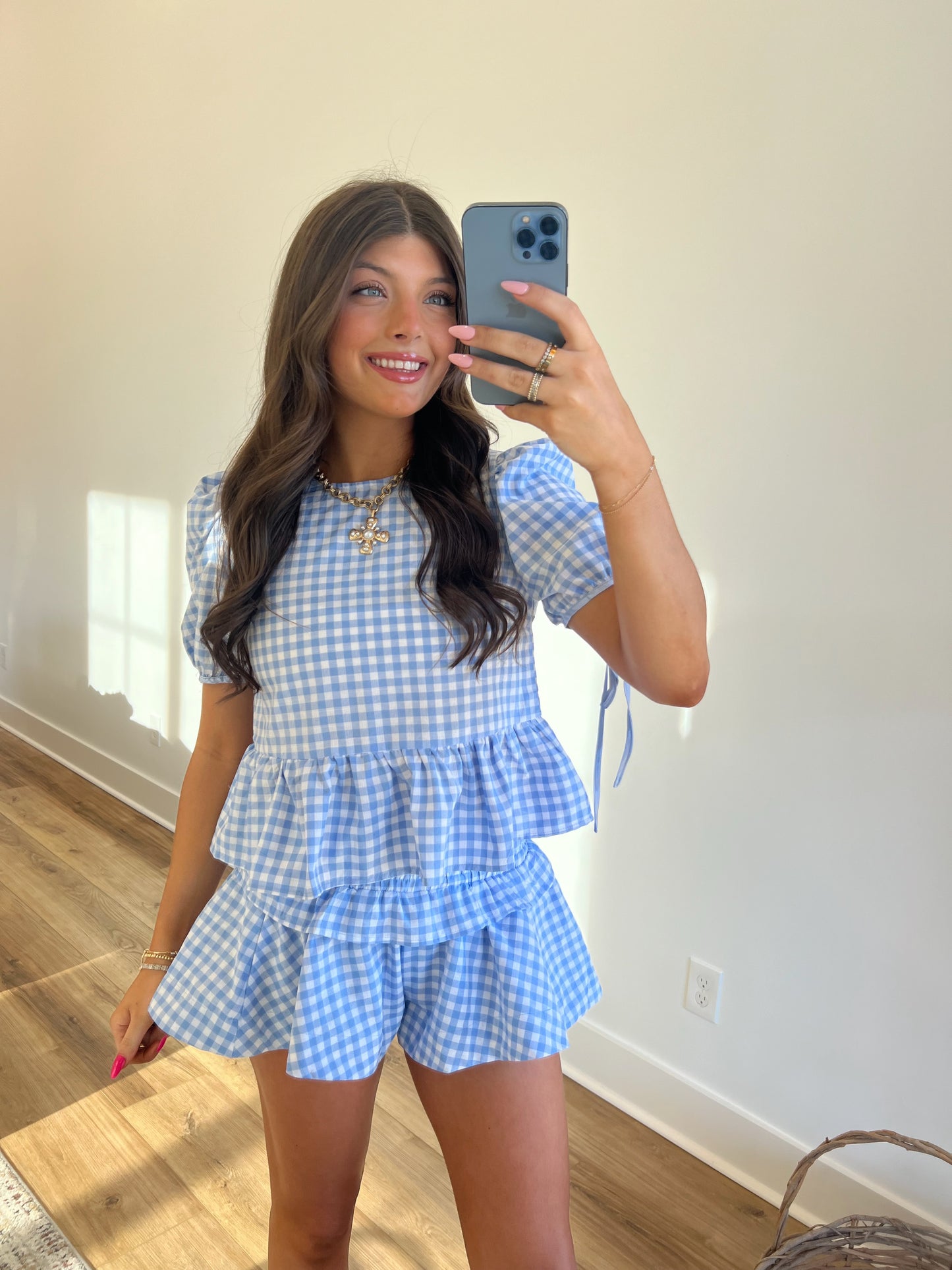 Baby Blue Plaid Ruffle Skort Set