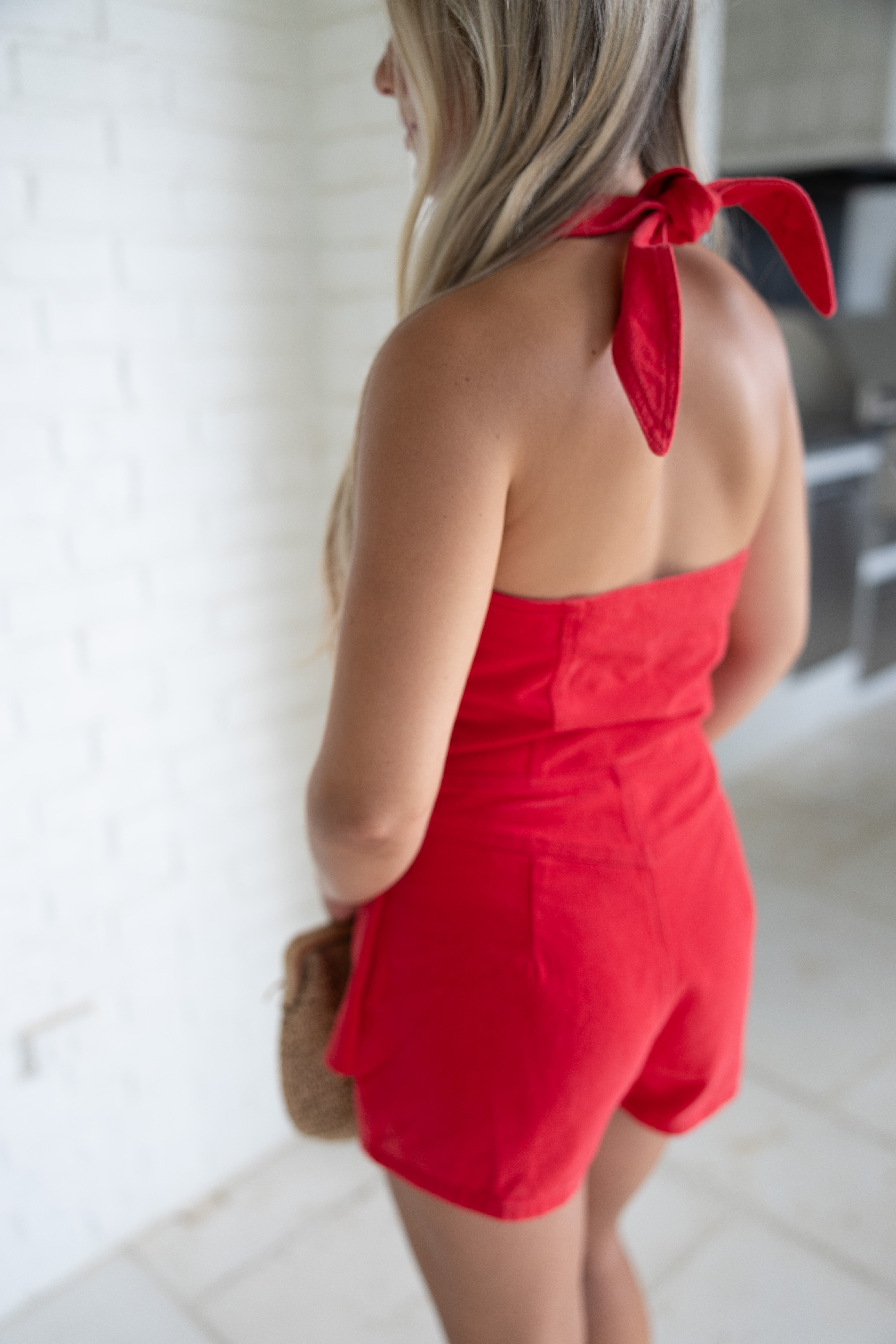 Red Denim Halter Romper