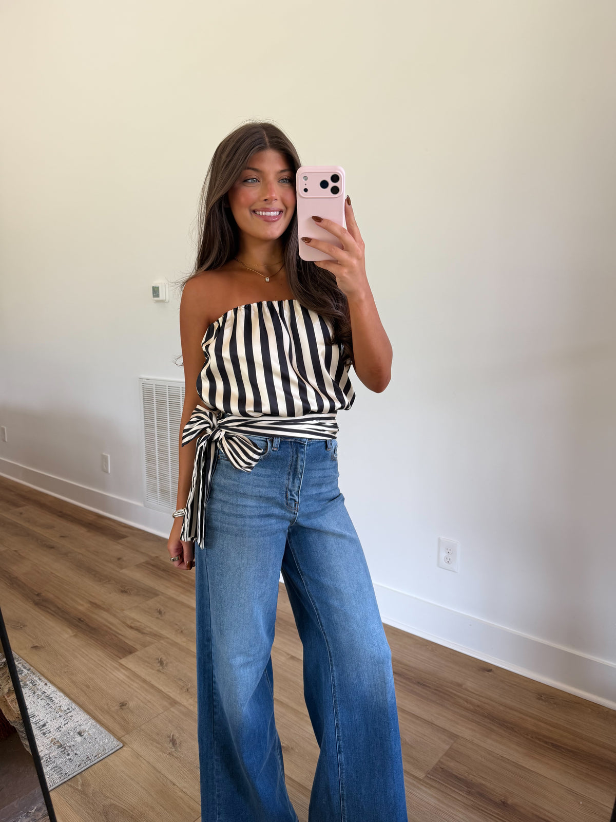 Satin Stripe Side Tie Top (Black)