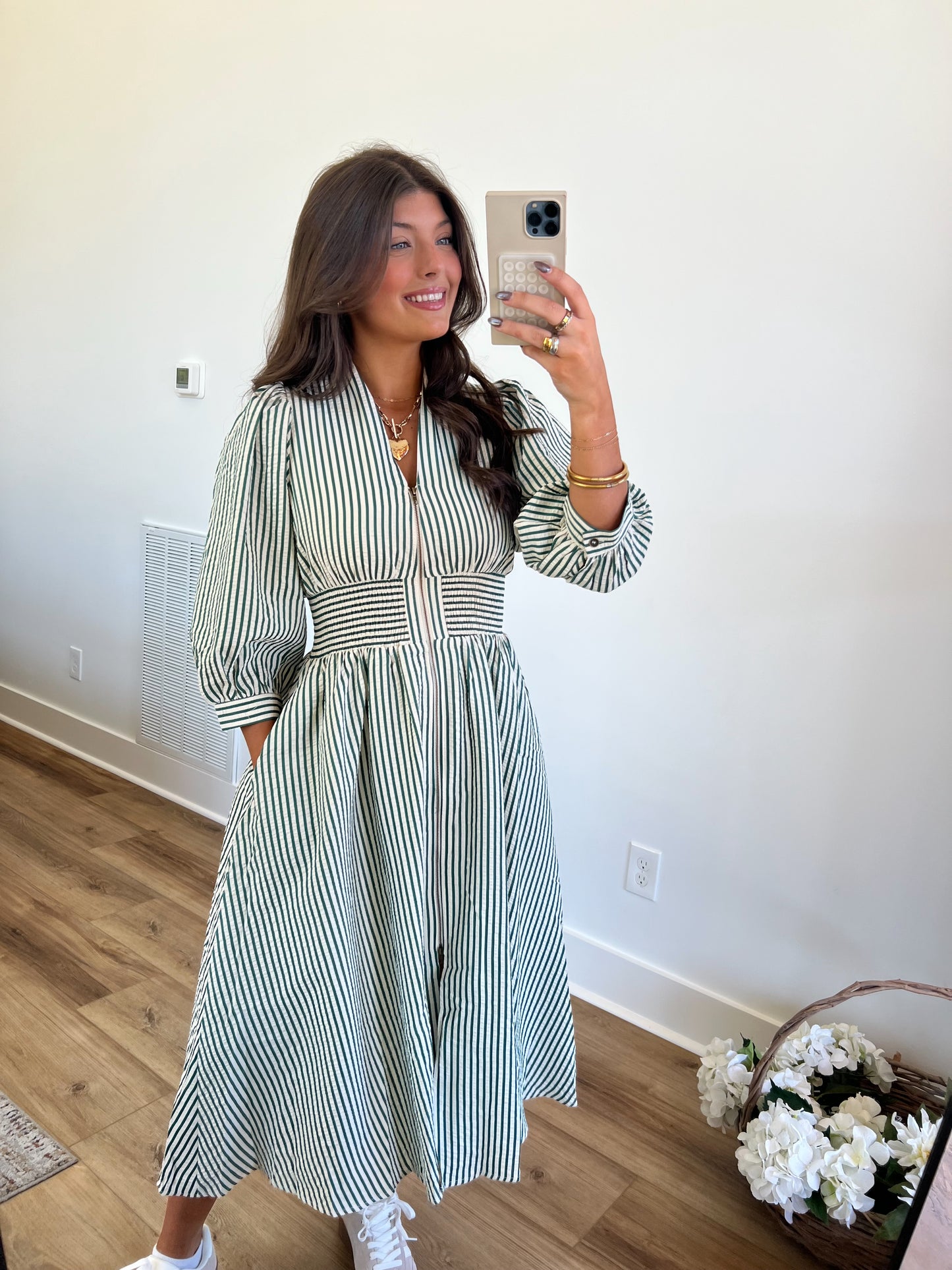 Green Stripe Fitted Waist Midi Dress