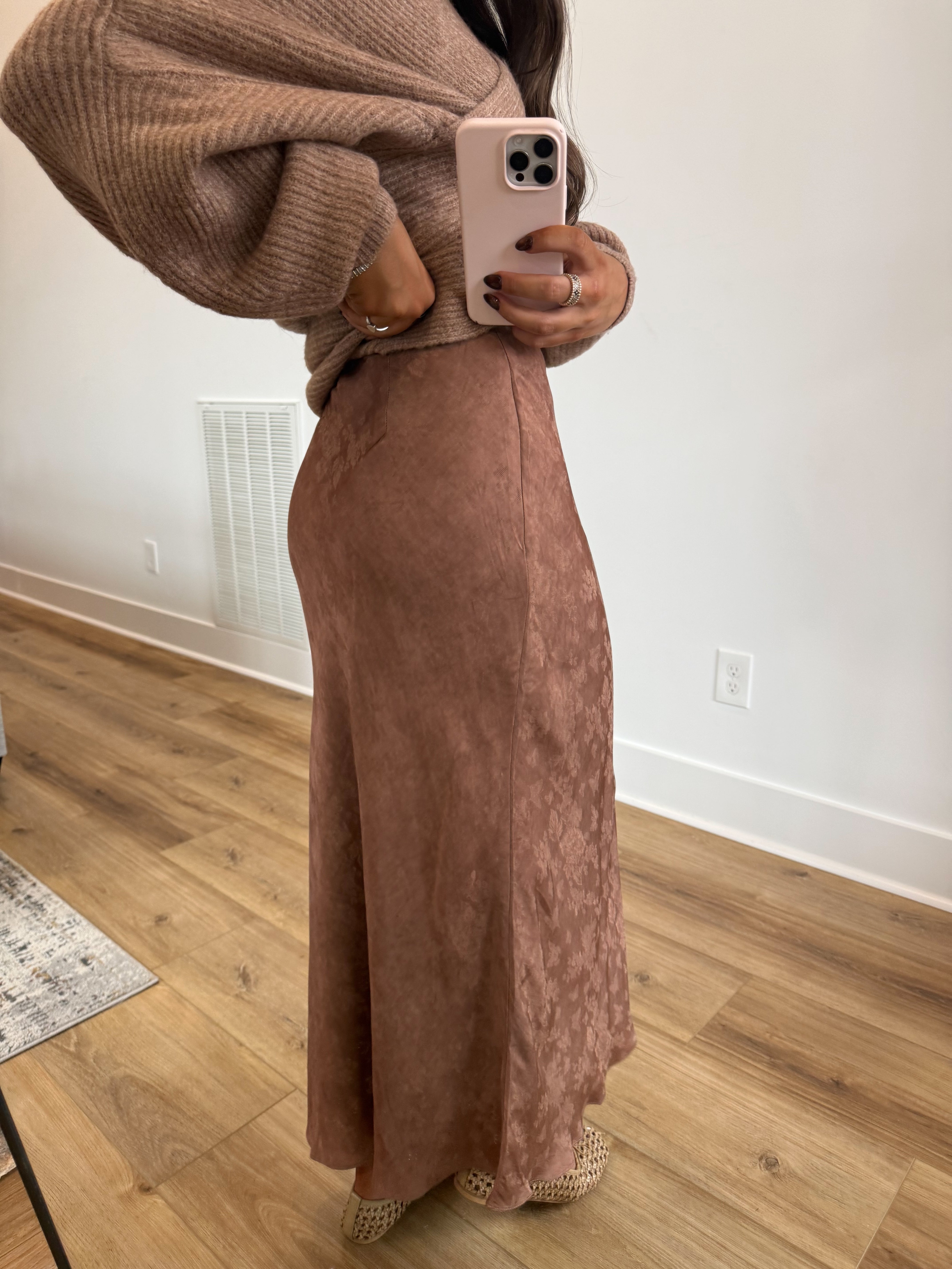 Brown Satin Floral Midi