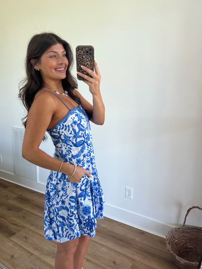 Blue Hawaiian Contrast Stitch Mini Dress