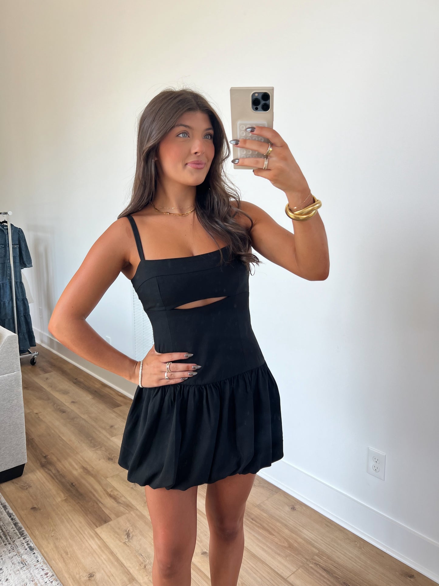 Black Bubble Front Cut Out Mini Dress